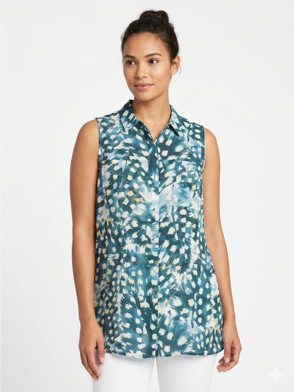 CAbi Avery Teal & White Abstract Sleeveless Tunic Button-Front Blouse Size M
